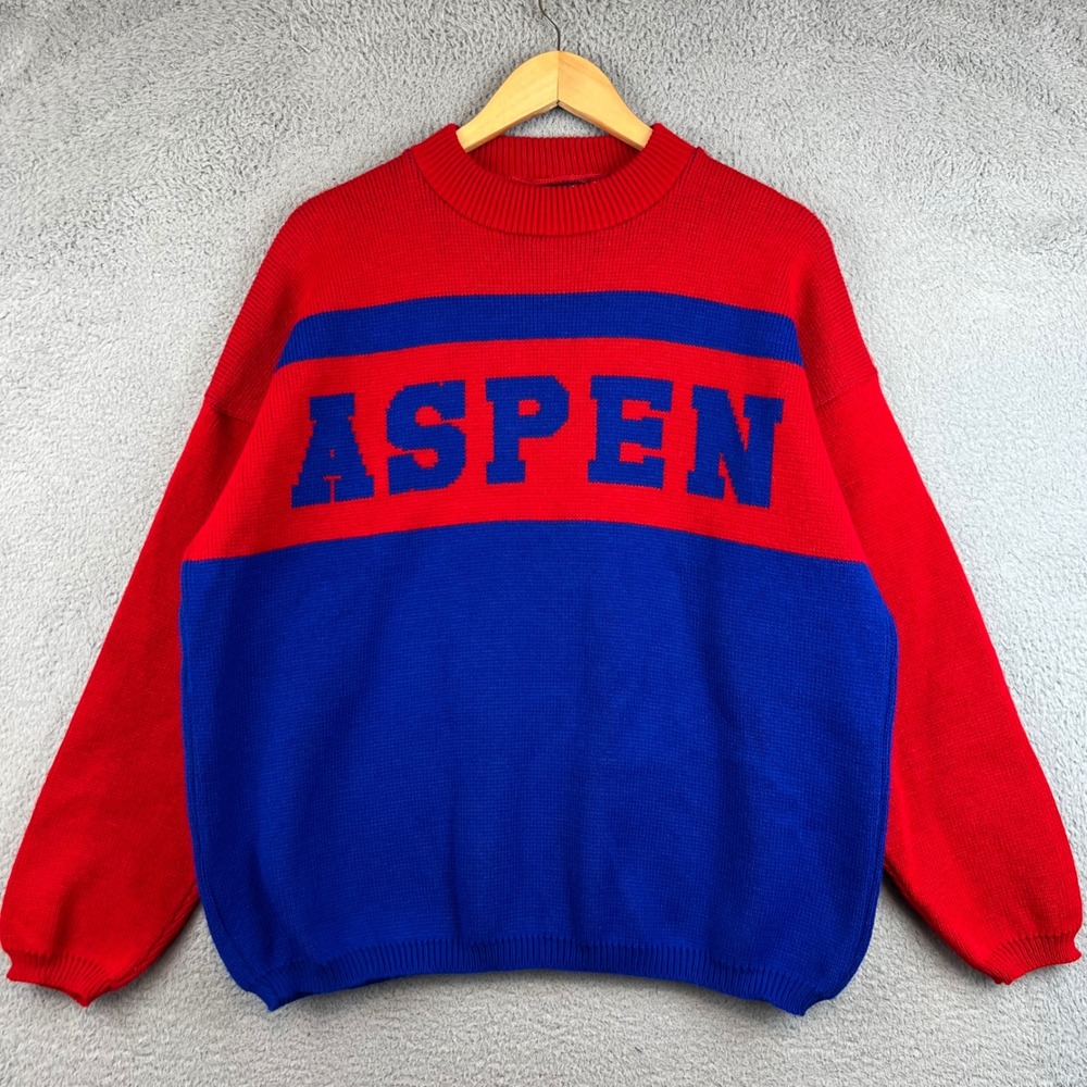 Vintage Aspen Ski Sweater Mens XL Red Blue Colorblock Vintage Made in USA